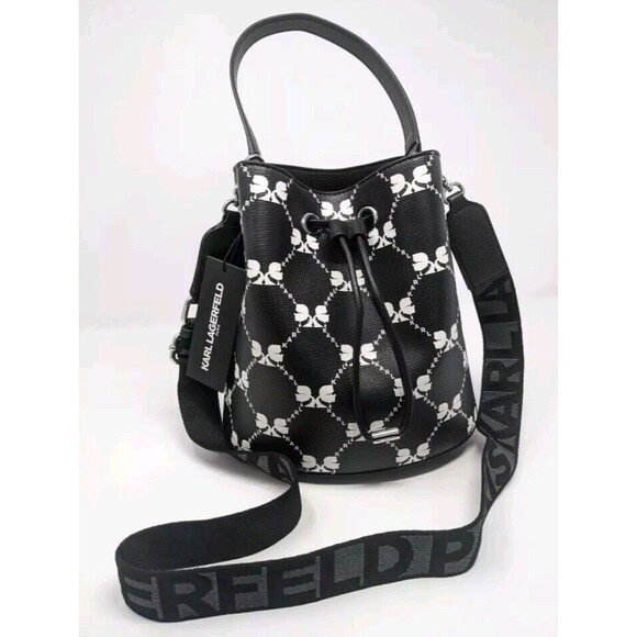 Karl Lagerfeld Paris Crossbody Shoulder Bucket Bag Black White Logo NWT